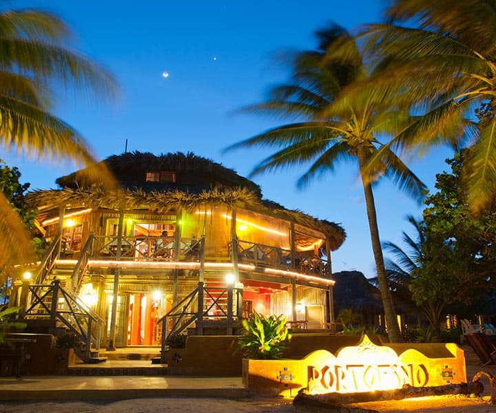 A tropical restaurant with a thatched roof illuminated at dusk, surrounded by palm trees.