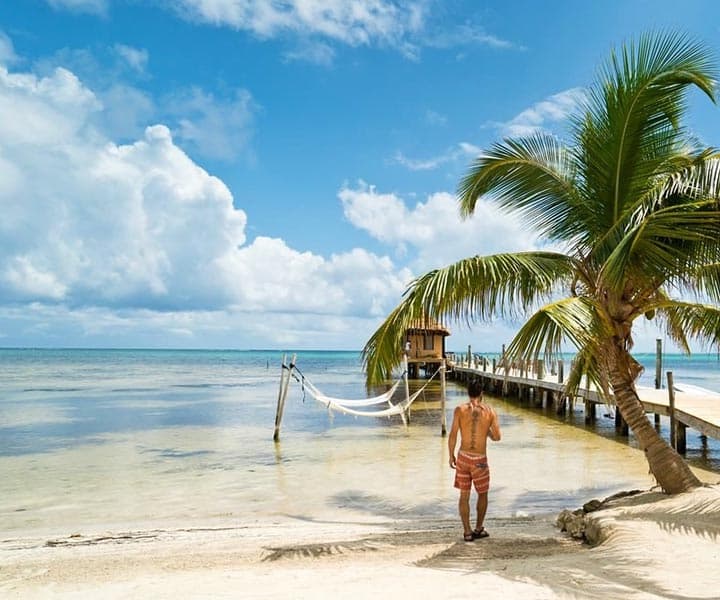 A man in swim shorts walks along a sandy beach under a bright blue sky with palm trees and a wooden pier.