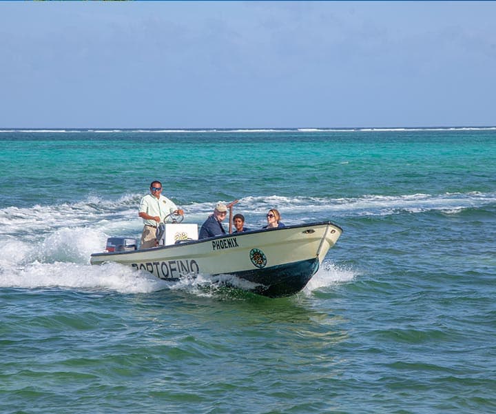 A small boat with four people rides through turquoise waters.
