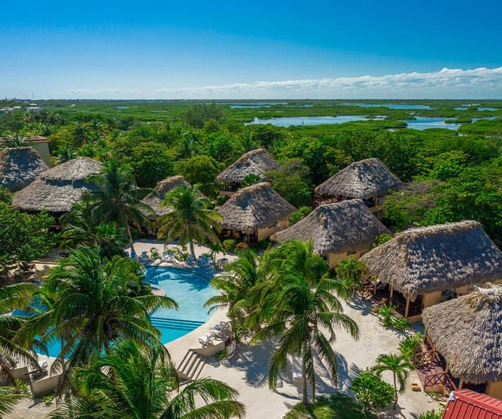 Aerial view of a tropical resort featuring thatched-roof bungalows and a pool surrounded by lush greenery.