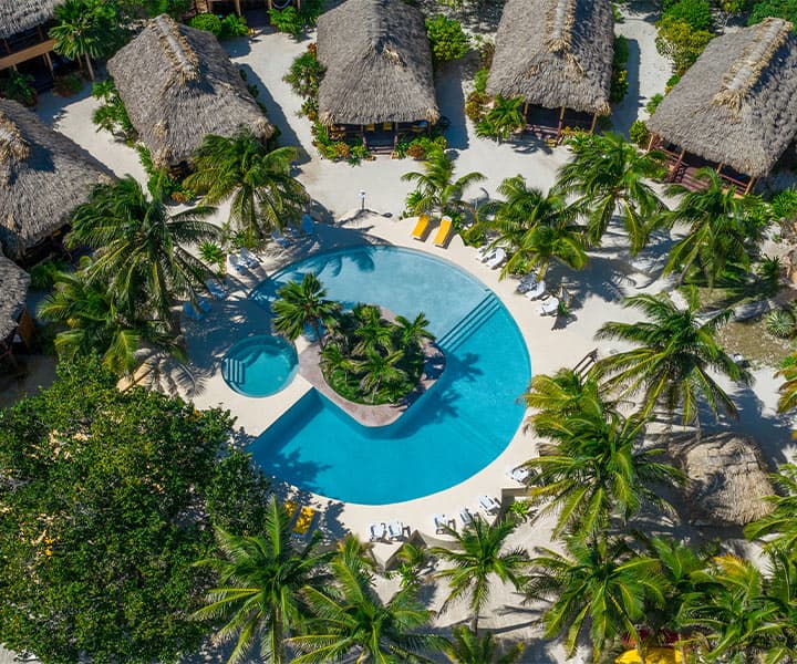 Aerial view of a tropical resort with thatched-roof cabins surrounding a circular pool and palm trees.