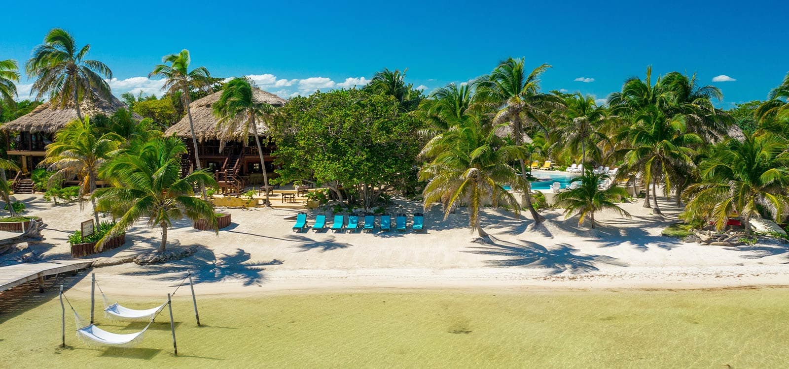 Tropical beach scene featuring palm trees, hammocks, and a resort with thatched roofs under a clear blue sky.