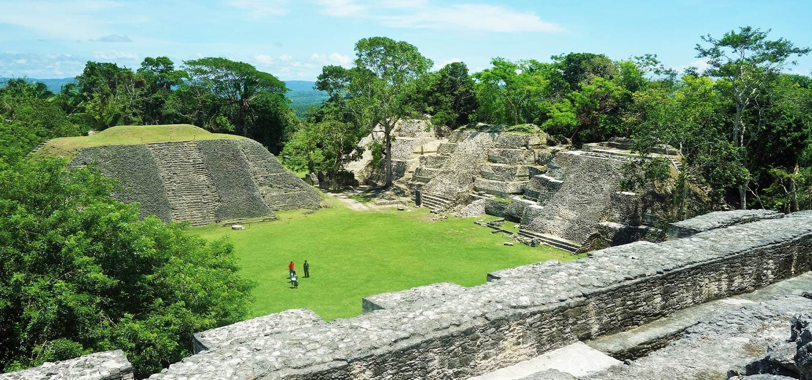 Ancient Mayan ruins surrounded by dense greenery under a clear blue sky.