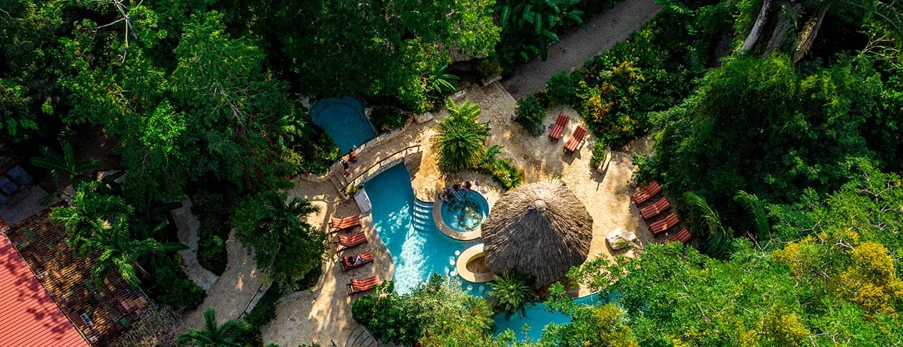 Aerial view of a lush tropical resort featuring a pool, lounge chairs, and a thatched-roof hut surrounded by greenery.