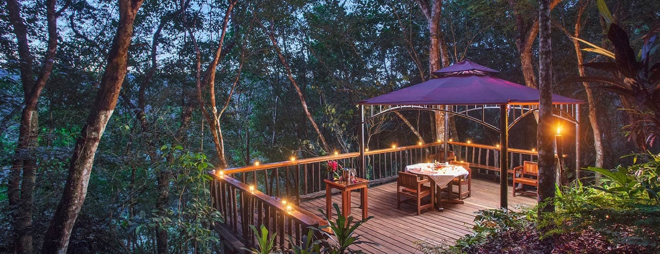 A cozy dining deck surrounded by trees, softly illuminated at twilight.