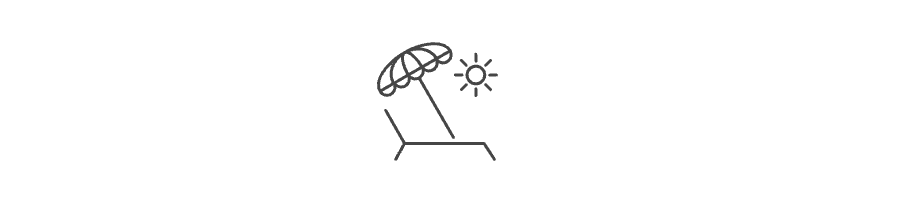 A simple line drawing of a beach umbrella beside a sun.